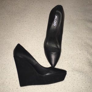 Aldo Black Leather Platform Wedge Heel Pointed Toe Shoes